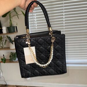 NWT Le Bag Black Quilted Satchel with Added Pearl & Gold Chain Accessory
